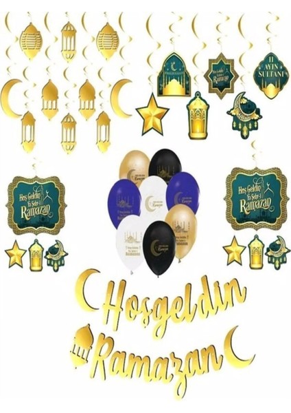 Hoş Geldin Ya Şehri Ramazan Tavan Asma Süs Seti ve Ramazan Desenli Balon