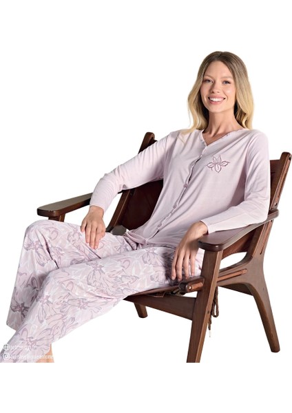 Over Sleep 3114 Kadın Melisa Büyük Beden Ön Üç Düğme Kışlık Pijama Takımı