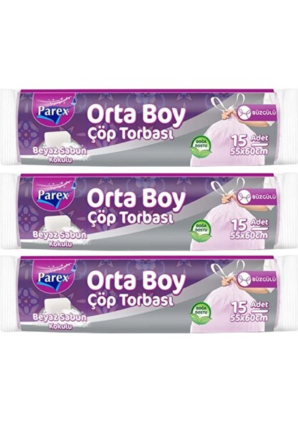 Büzgülü 15'li Çöp Torbası Beyaz Sabun Kokulu Orta Boy 55 x 60 cm Üçlü Paket
