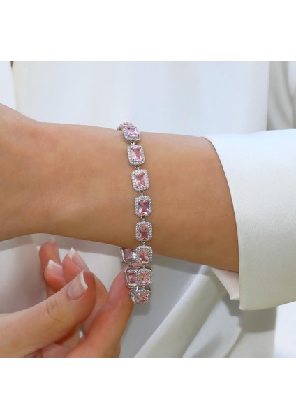 Sky Red Collection Baget Pembe Taşlı Gümüş Bileklik
