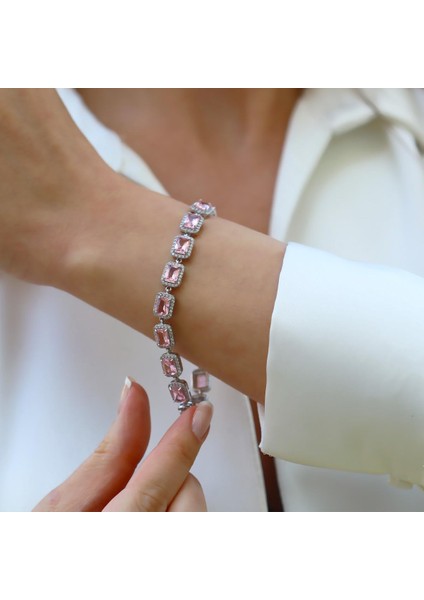 Sky Red Collection Baget Pembe Taşlı Gümüş Bileklik modelleri