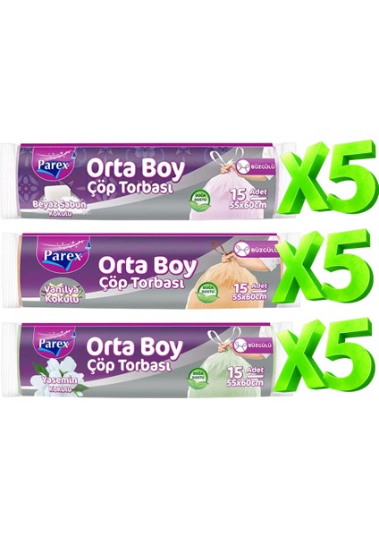 Orta Boy 15 Adet Büzgülü Kokulu Çöp Torbası Paketi