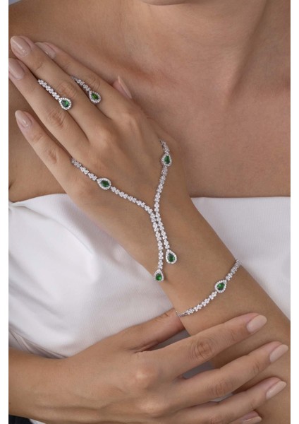 Zümrüt Taşlı Damla Motifli Rodyum Kaplama Gümüş Düğün Seti modelleri