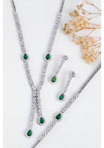 Zümrüt Taşlı Damla Motifli Rodyum Kaplama Gümüş Düğün Seti fırsatları