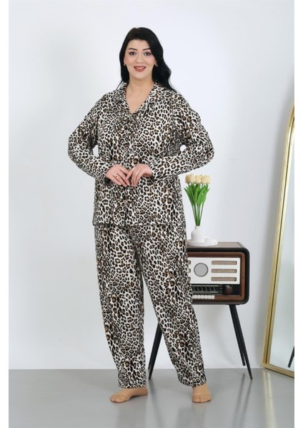 Kadın Büyük Beden Pamuklu Cepli Düğmeli Kahve Pijama Takım modelleri