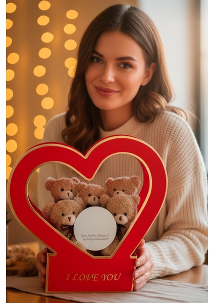 Özel Kalpli Kutuda Romantik Mesajlı Aynası ile Boz 5'li Peluş Ayıcık Buleti