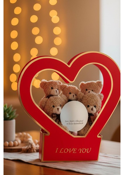 Özel Kalpli Kutuda Romantik Mesajlı Aynası ile Boz 5'li Peluş Ayıcık Buleti fiyatları