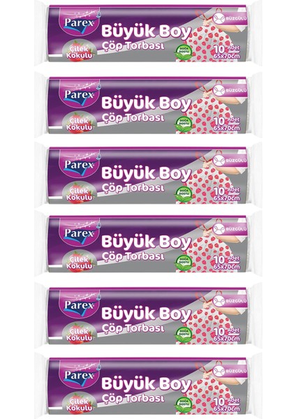 Premium 10'lu Büzgülü Çöp Torbası Çilek Kokulu Büyük Boy 65 x 70 cm Altılı Paket