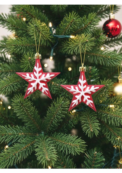 Yılbaşı Ağaç Süsü Kar Tanesi Motifli Yıldız Kırmızı 8,5 cm 2'li