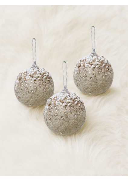 Yılbaşı Topu Simli Inci ve Payet Detaylı Çam Ağacı Süsü Şampanya 8 cm 3'lü