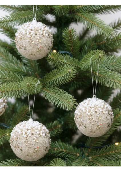 Yılbaşı Topu Simli Inci ve Payet Detaylı Çam Ağacı Süsü Şampanya 8 cm 3'lü fiyatları