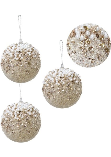 Yılbaşı Topu Simli Inci ve Payet Detaylı Çam Ağacı Süsü Şampanya 8 cm 3'lü modelleri