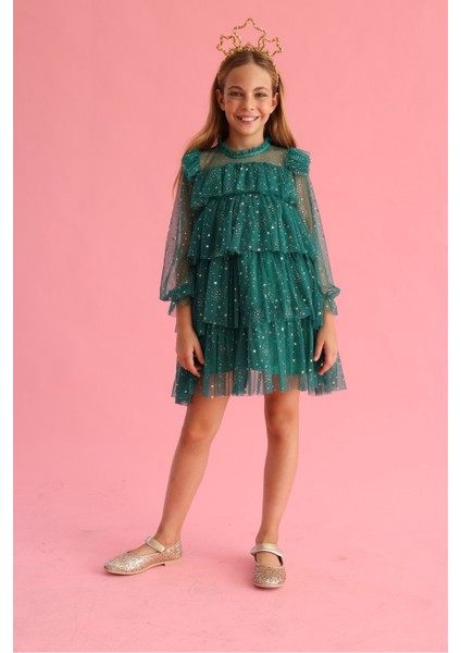 Yeşil Varak Yıldız Baskılı Katlı Kız Çocuk Elbise - Chloe