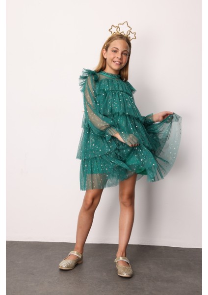 Yeşil Varak Yıldız Baskılı Katlı Kız Çocuk Elbise - Chloe fiyatları