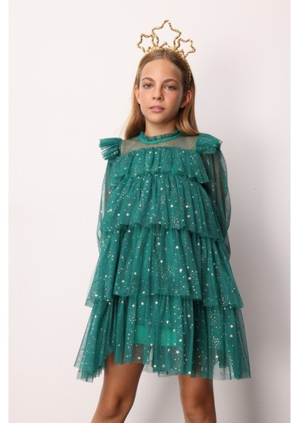 Yeşil Varak Yıldız Baskılı Katlı Kız Çocuk Elbise - Chloe modelleri