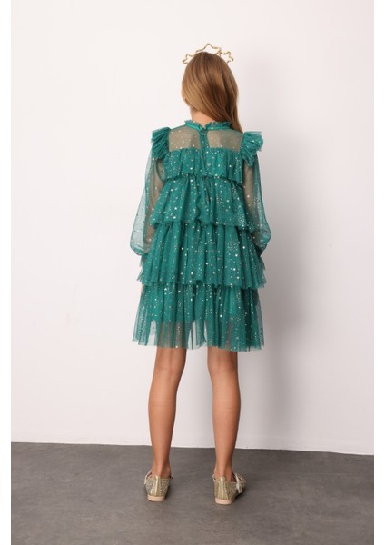 Yeşil Varak Yıldız Baskılı Katlı Kız Çocuk Elbise - Chloe fırsatları