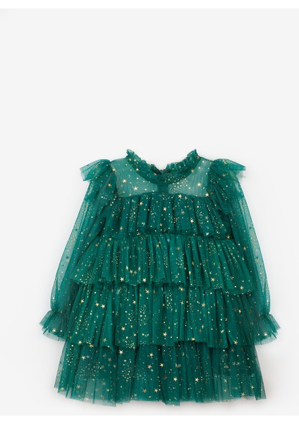 Yeşil Varak Yıldız Baskılı Katlı Kız Çocuk Elbise - Chloe indirimleri