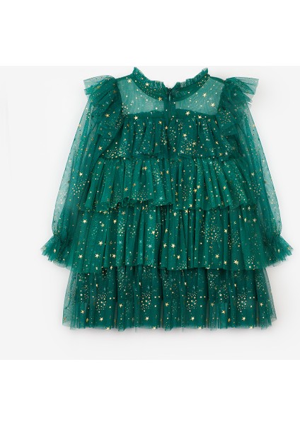 Yeşil Varak Yıldız Baskılı Katlı Kız Çocuk Elbise - Chloe