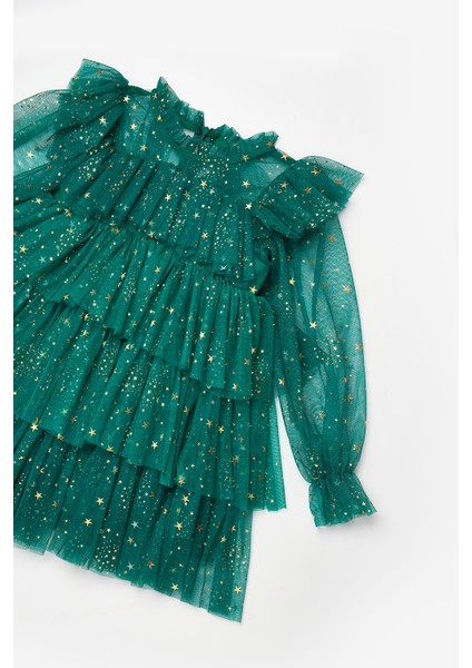 Yeşil Varak Yıldız Baskılı Katlı Kız Çocuk Elbise - Chloe