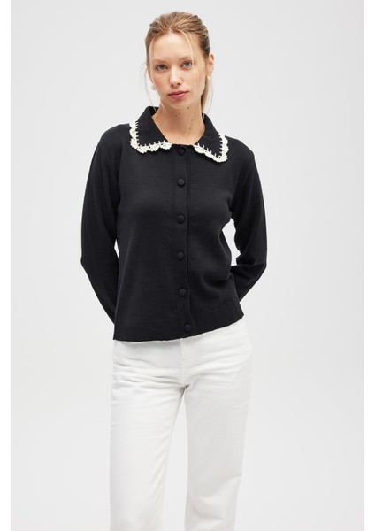 Laila, Düz Örgü, Polo Yaka, Kadın Triko Hırka - Siyah