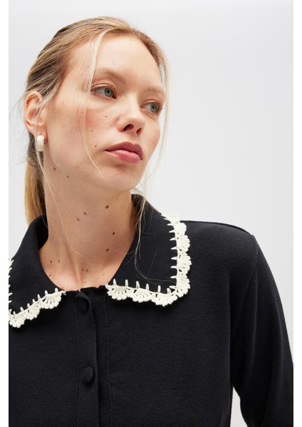 Laila, Düz Örgü, Polo Yaka, Kadın Triko Hırka - Siyah fırsatları