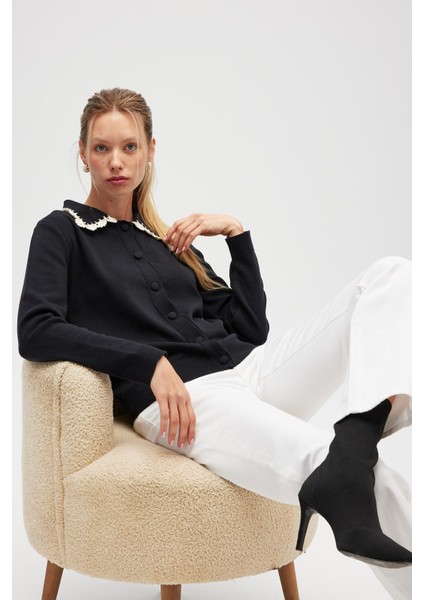 Laila, Düz Örgü, Polo Yaka, Kadın Triko Hırka - Siyah indirimleri