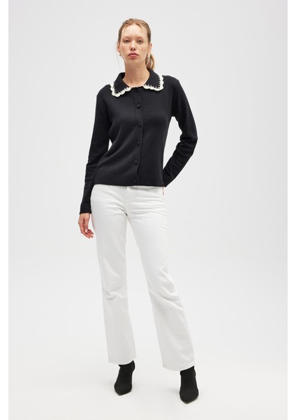 Laila, Düz Örgü, Polo Yaka, Kadın Triko Hırka - Siyah