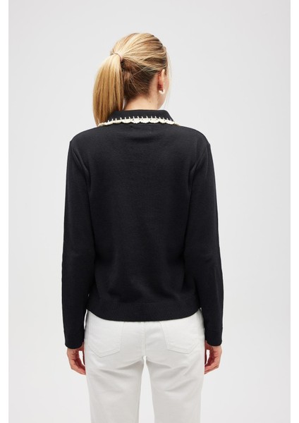 Laila, Düz Örgü, Polo Yaka, Kadın Triko Hırka - Siyah