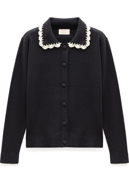 Laila, Düz Örgü, Polo Yaka, Kadın Triko Hırka - Siyah