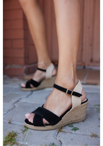 Nuno Kadın Siyah Çapraz Gercek Suet Espadrıl Sandalet