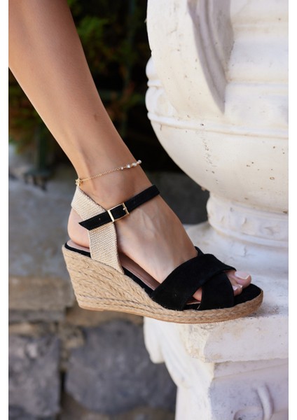 Nuno Kadın Siyah Çapraz Gercek Suet Espadrıl Sandalet modelleri
