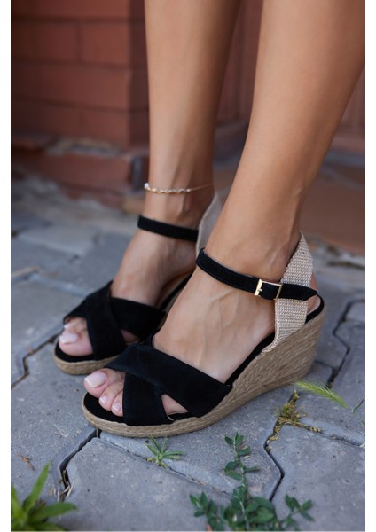 Nuno Kadın Siyah Çapraz Gercek Suet Espadrıl Sandalet