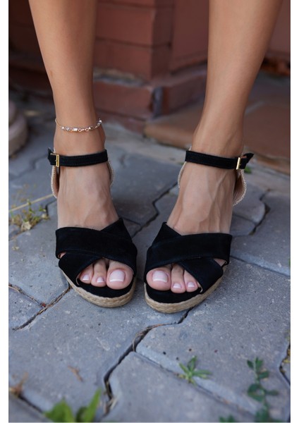 Nuno Kadın Siyah Çapraz Gercek Suet Espadrıl Sandalet