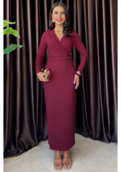 Valina Önü Pileli Uzun Kollu Davet & Günlük Şık Kadın Bordo Elbise