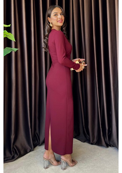 Valina Önü Pileli Uzun Kollu Davet & Günlük Şık Kadın Bordo Elbise indirimleri