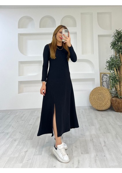 Kadın Uzun Kollu Bisiklet Yaka Size Kadar Yırtmaç Detay Maxi Boy Elbise