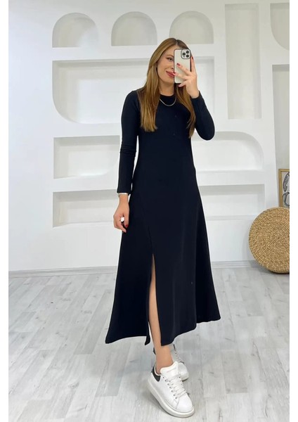 Kadın Uzun Kollu Bisiklet Yaka Size Kadar Yırtmaç Detay Maxi Boy Elbise fiyatları