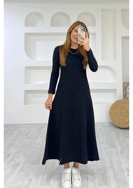 Kadın Uzun Kollu Bisiklet Yaka Size Kadar Yırtmaç Detay Maxi Boy Elbise modelleri