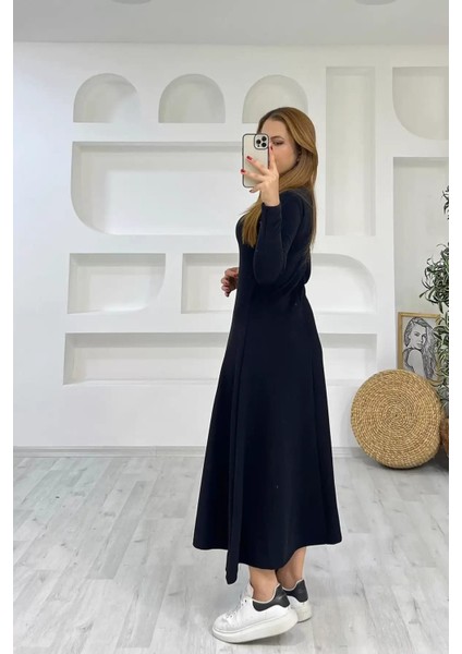 Kadın Uzun Kollu Bisiklet Yaka Size Kadar Yırtmaç Detay Maxi Boy Elbise fırsatları