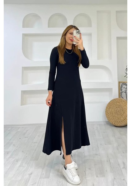 Kadın Uzun Kollu Bisiklet Yaka Size Kadar Yırtmaç Detay Maxi Boy Elbise indirimleri