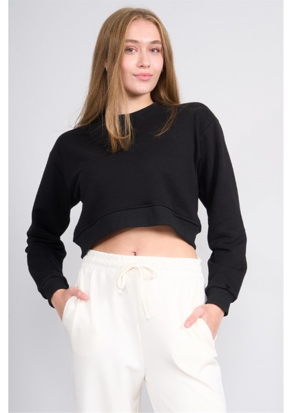 K26 24K100-1 Sıyah Kadın O Yaka 3 Ip Sardonsuz Crop Sweat fiyatları
