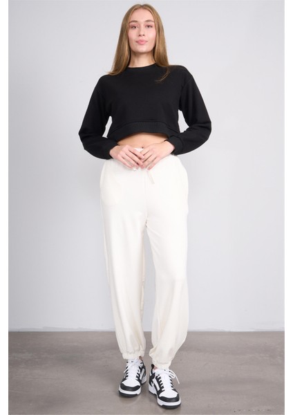 K26 24K100-1 Sıyah Kadın O Yaka 3 Ip Sardonsuz Crop Sweat modelleri