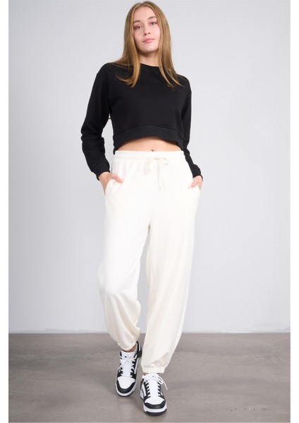 K26 24K100-1 Sıyah Kadın O Yaka 3 Ip Sardonsuz Crop Sweat fırsatları