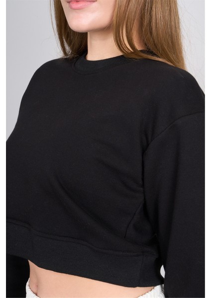 K26 24K100-1 Sıyah Kadın O Yaka 3 Ip Sardonsuz Crop Sweat indirimleri