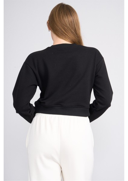 K26 24K100-1 Sıyah Kadın O Yaka 3 Ip Sardonsuz Crop Sweat