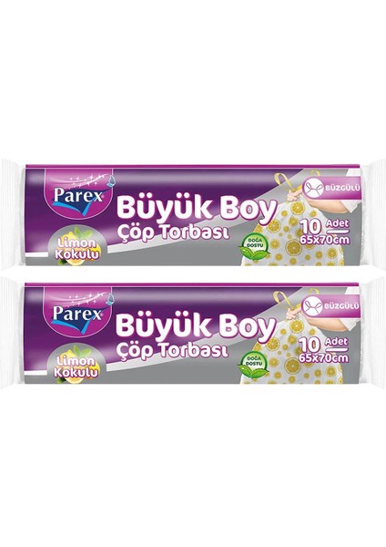Premium 10'lu Büzgülü Çöp Torbası Limon Kokulu Büyük Boy 65 x 70 cm Ikili Paket