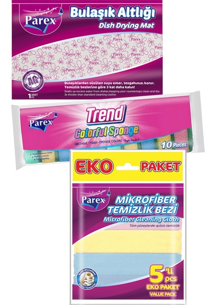 Düz 10'lu Sünger, Bulaşık Altlığı ve Mikrofiber 5'li Temizlik Bezi Paketi