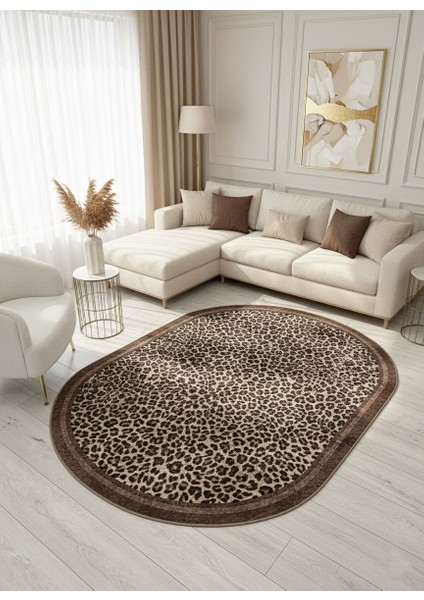 Leopar Desenli Oval Lateks Deri Halı