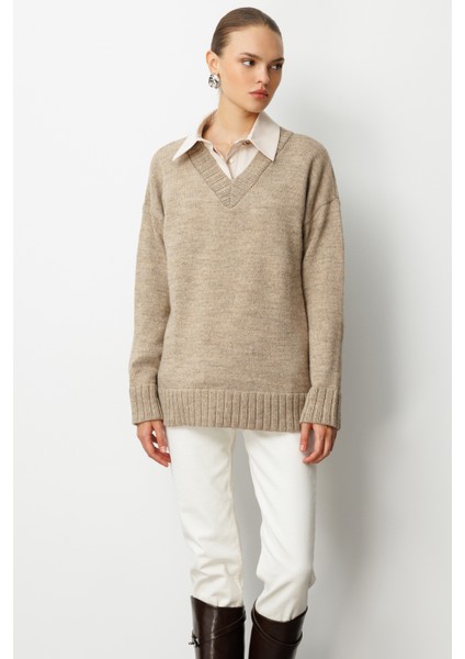 V Yaka Oversize Bej Rengi Triko Kazak