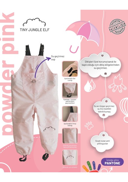 Çocuk Su Geçirmez Yağmur Tulumu Poları Takılıp Çıkarılabilir - Pudra